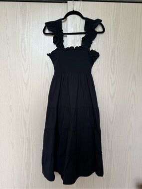Hill House Home Ellie Nap Dress Women L Black Smocked Ruffle Tiered Midi Dress